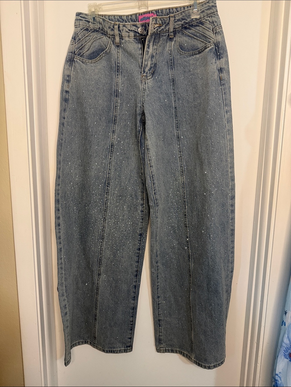 Edikted Light Blue Straight Leg Jeans with Sparkle